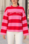 Kadın Çizgili Ön Arka Baskılı Geniş Kol Oversize Sweatshirt - Kırmızı P