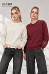 Kadın Ekru Bordo 2’li Şardonlu Nakışlı Sweatshirt Seti