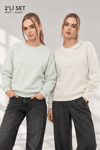 Kadın Ekru Mint 2’li Şardonlu Nakışlı Sweatshirt Seti