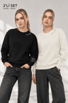 Kadın Ekru Siyah 2’li Şardonlu Nakışlı Sweatshirt Seti