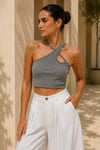 Kadın Gri Melanj Çapraz Halter Yaka Damla Detaylı Fitilli Crop Top