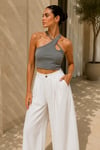 Kadın Gri Melanj Çapraz Halter Yaka Damla Detaylı Fitilli Crop Top