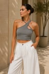 Kadın Gri Melanj Çapraz Halter Yaka Damla Detaylı Fitilli Crop Top