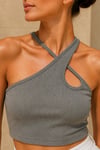 Kadın Gri Melanj Çapraz Halter Yaka Damla Detaylı Fitilli Crop Top