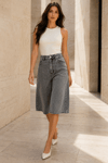 Kadın Gri Yıkamalı Yüksek Bel Wide Leg Uzun Denim Bermuda Şort