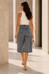 Kadın Gri Yıkamalı Yüksek Bel Wide Leg Uzun Denim Bermuda Şort