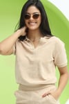 Kadın Havlu Kumaş Polo Yaka T-Shirt Vizon