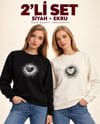 Kadın Kalp Baskılı 2’li Sweatshirt Seti – Ekru Siyah