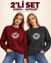 Kadın Kalp Baskılı 2’li Sweatshirt Seti – Bordo Antrasit