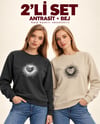 Kadın Kalp Baskılı 2’li Sweatshirt Seti – Bej Antrasit