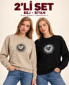Kadın Kalp Baskılı 2’li Sweatshirt Seti – Siyah Bej