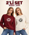 Kadın Kalp Baskılı 2’li Sweatshirt Seti – Bordo Ekru