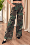 Kadın Kamuflaj Desenli Kargo Cep Wide Leg Pantolon Kamuflaj
