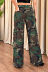 Kadın Kamuflaj Desenli Kargo Cep Wide Leg Pantolon Kamuflaj