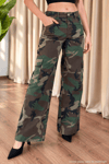 Kadın Kamuflaj Desenli Kargo Cep Wide Leg Pantolon