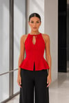 Kadın Kırmızı Halter Yaka Bağlama Detaylı Kolsuz Peplum Bluz