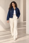 Kadın Koyu Mavi Çift Cepli Düğmeli Oversize Denim Jean Ceket Lacivert