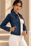 Kadın Koyu Mavi Yıkamalı Slim Fit Kısa Denim Ceket Mavi