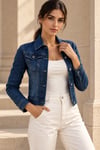 Kadın Koyu Mavi Yıkamalı Slim Fit Kısa Denim Ceket Mavi
