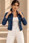 Kadın Koyu Mavi Yıkamalı Slim Fit Kısa Denim Ceket Mavi