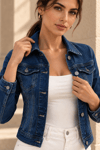 Kadın Koyu Mavi Yıkamalı Slim Fit Kısa Denim Ceket Mavi