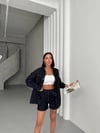 Kadın Lacivert Denim Gömlek Ceket & Şort Takım – Oversize Rahat Kalıp