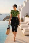 Kadın Lime Abstract Desenli 4 Parça Yarı Kapalı Tesettür Mayo Takımı