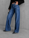 Kadın Mavi Çapraz Kemer Detaylı Wide Leg Jean Pantolon