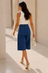 Kadın Mavi Yıkamalı Yüksek Bel Wide Leg Uzun Denim Bermuda Şort