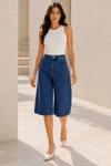 Kadın Mavi Yıkamalı Yüksek Bel Wide Leg Uzun Denim Bermuda Şort