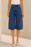 Kadın Mavi Yıkamalı Yüksek Bel Wide Leg Uzun Denim Bermuda Şort
