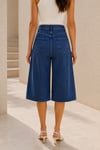 Kadın Mavi Yıkamalı Yüksek Bel Wide Leg Uzun Denim Bermuda Şort