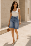 Kadın Mavi Yüksek Bel Kesik Paça Denim Bermuda Şort