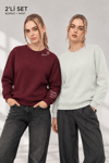 Kadın Mint Bordo 2’li Şardonlu Nakışlı Sweatshirt Seti
