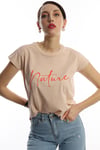 Kadin Nature Yazi Baskili Crop Tisort Bej