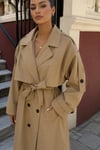 Kadın Oversize Kemerli Uzun Trençkot - Bej