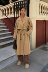 Kadın Oversize Kemerli Uzun Trençkot - Bej