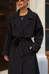 Kadın Oversize Kemerli Uzun Trençkot - Siyah