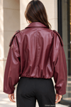 Kadın Oversize Suni Deri Fermuarlı Kısa Ceket - Bordo Bordo
