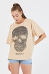 Kadın Parça Boya Baskılı Oversize Basic T-shirt  Bej