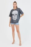 Kadın Parça Boya Baskılı Oversize Basic T-shirt  Antrasit