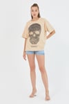 Kadın Parça Boya Baskılı Oversize Basic T-shirt  Bej