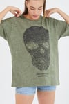 Kadın Parça Boya Baskılı Oversize Basic T-shirt  Haki