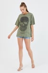 Kadın Parça Boya Baskılı Oversize Basic T-shirt  Haki