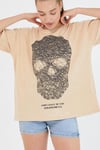 Kadın Parça Boya Baskılı Oversize Basic T-shirt  Bej
