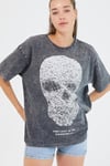 Kadın Parça Boya Baskılı Oversize Basic T-shirt  Antrasit