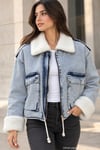 Kadın Peluş Detaylı Cepli Yıkamalı Jean Ceket Mavi
