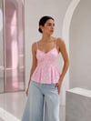 Kadın Pembe Beyaz Puantiyeli İnce Askılı Korse Formlu Peplum Bluz