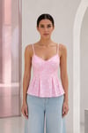 Kadın Pembe Beyaz Puantiyeli İnce Askılı Korse Formlu Peplum Bluz