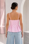 Kadın Pembe Beyaz Puantiyeli İnce Askılı Korse Formlu Peplum Bluz